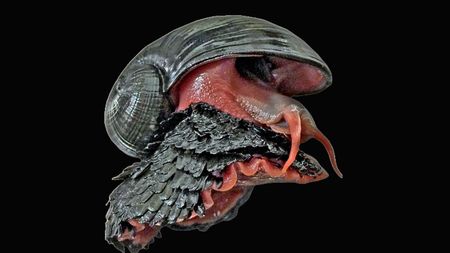 A scaly-foot snail on a black background.