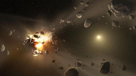 An illustration of two asteroids colliding in space. They create a glowing ball of energy, illuminating other debris around them in a dark space background