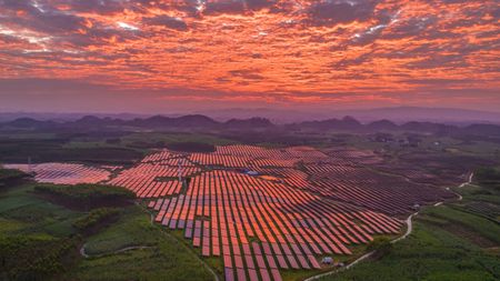 An aerial view of an agrivoltaic farm in Hechi city, China, on October 25, 2025.